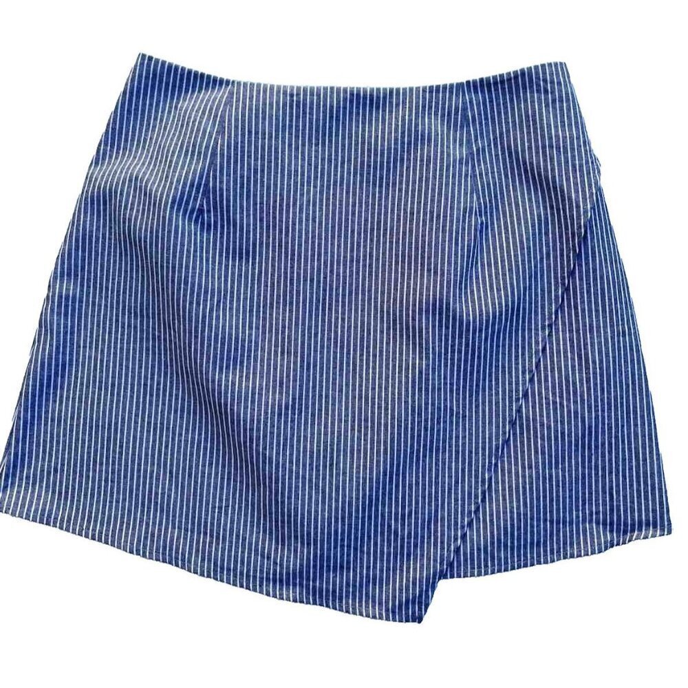 Nasty Gal Primi Women's Blue Cotton Striped Wrap Mini Skirt Size M NWOT - Picture 10 of 16